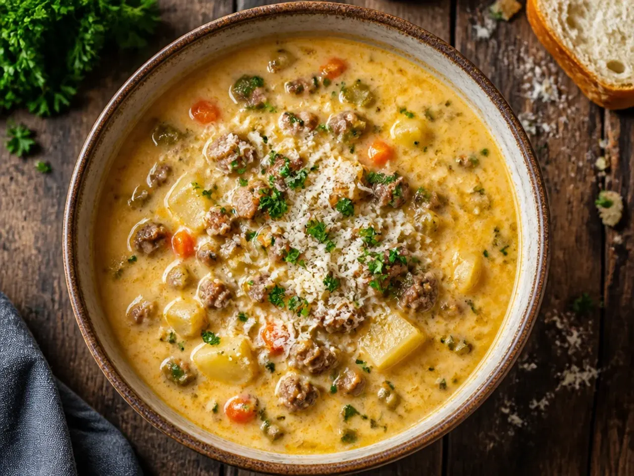 A bowl of classic cheeseburger soup with Velveeta, potatoes and ground beef, garnished with chives.