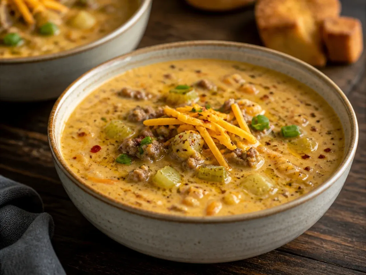 A quick five-ingredient cheeseburger soup with Velveeta and diced tomatoes in a rustic bowl.