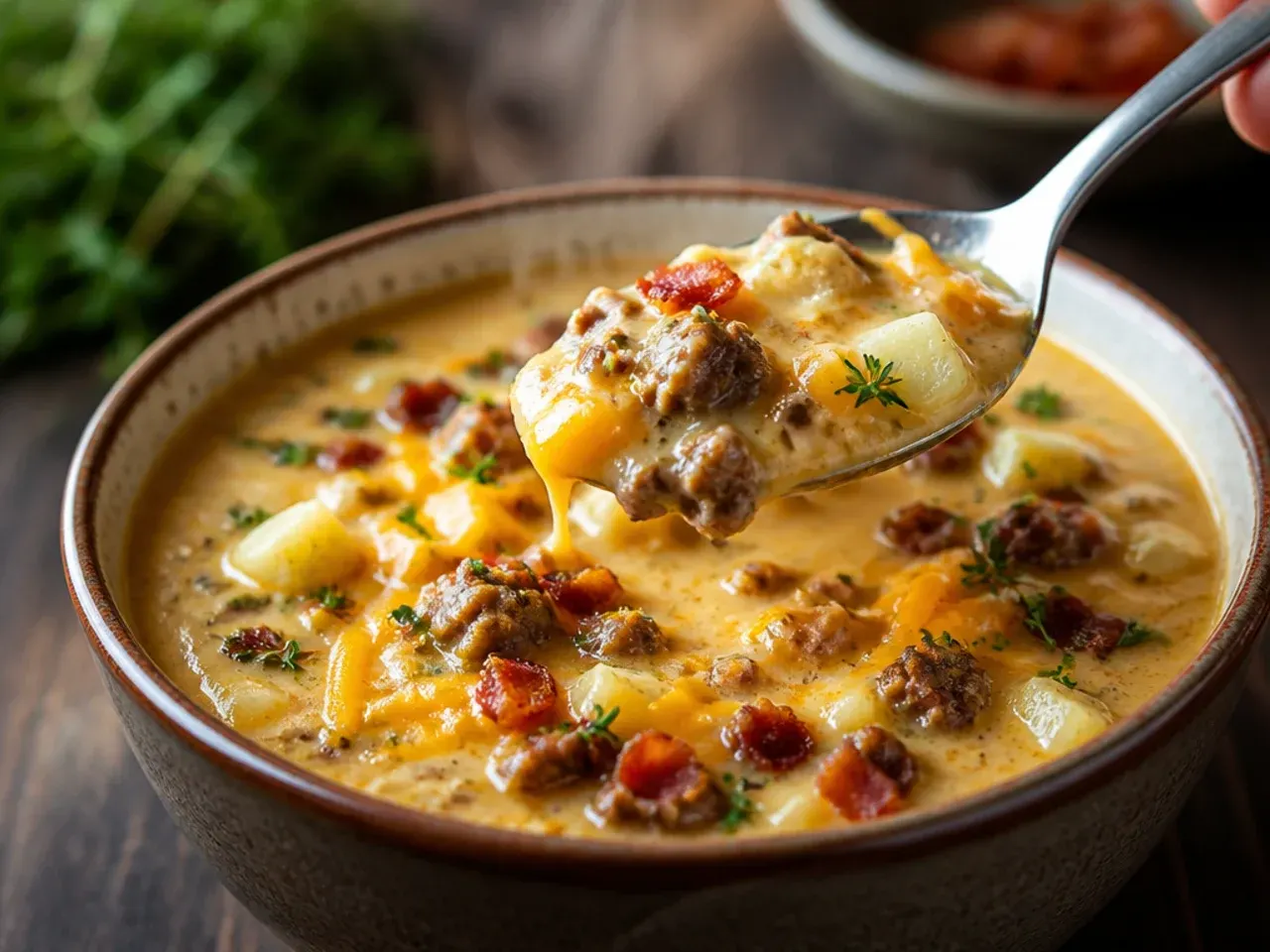 A hearty loaded baked potato cheeseburger soup topped with bacon bits, cheddar and chives.