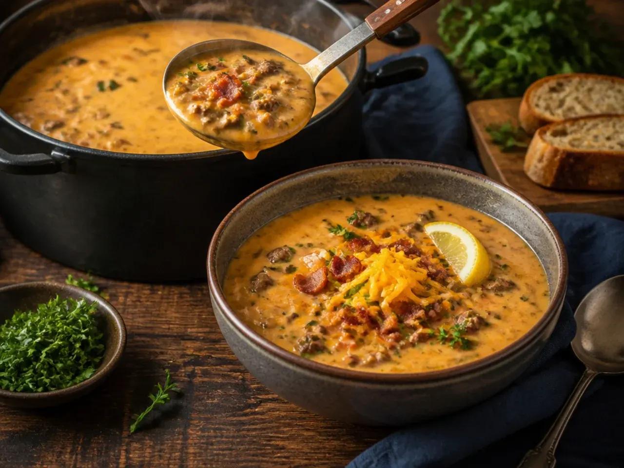 A cozy bowl of bacon cheeseburger soup with crispy bacon crumbled on top.