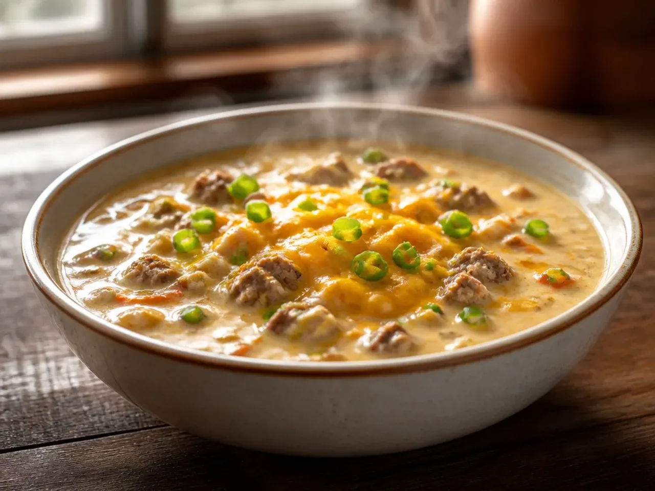 A close-up of extra-creamy cheeseburger soup with a swirl of sour cream on top.
