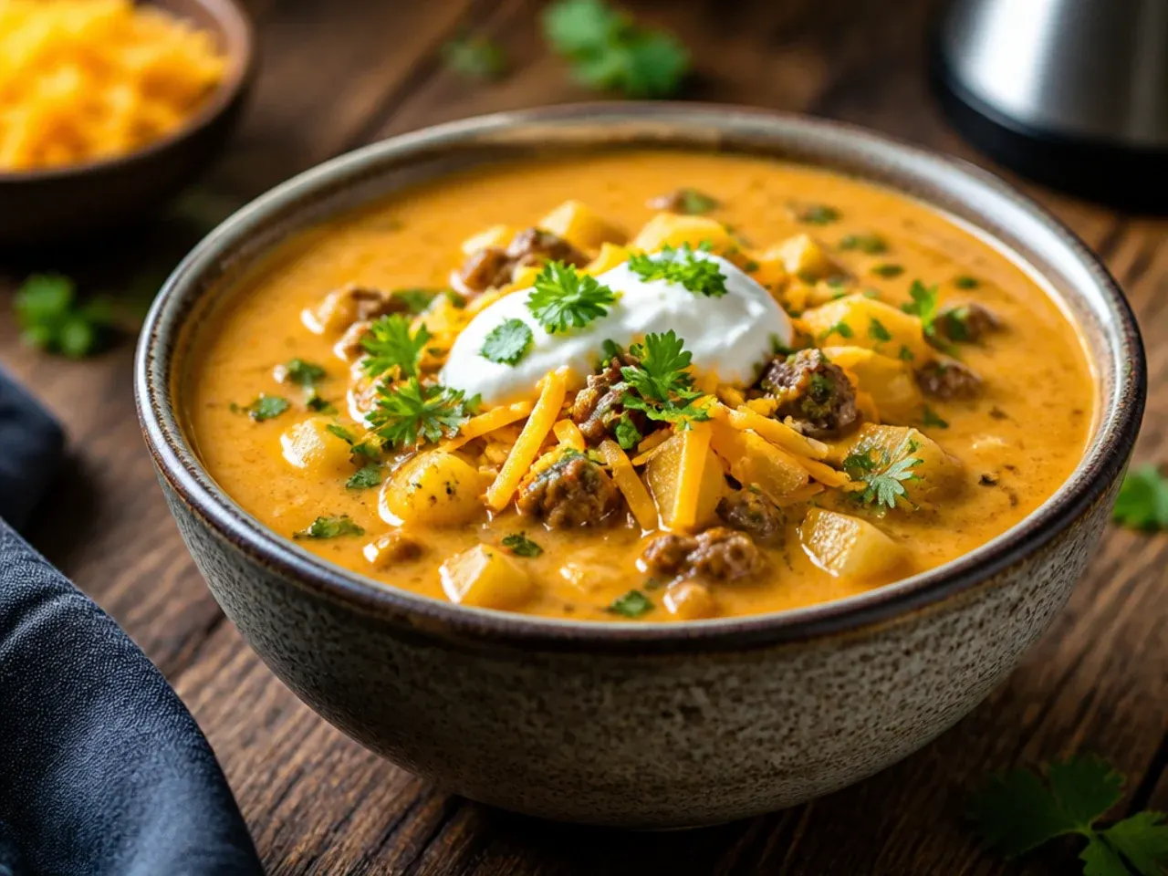 An extra-cheesy bowl of double cheddar cheeseburger soup with a golden, melted top.
