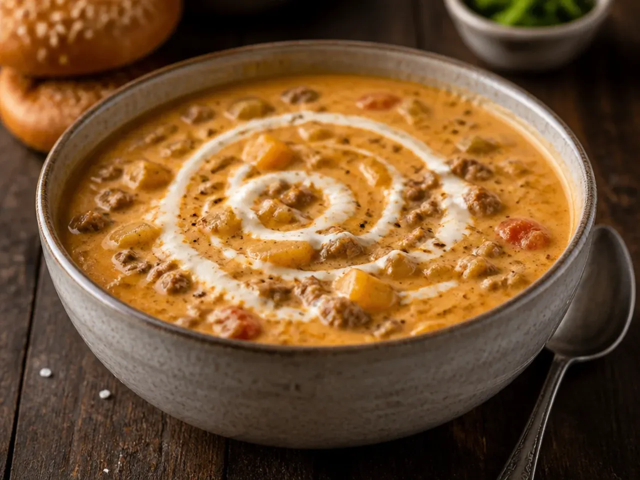 A slow cooker filled with bacon cheeseburger soup, lid resting alongside on the counter.