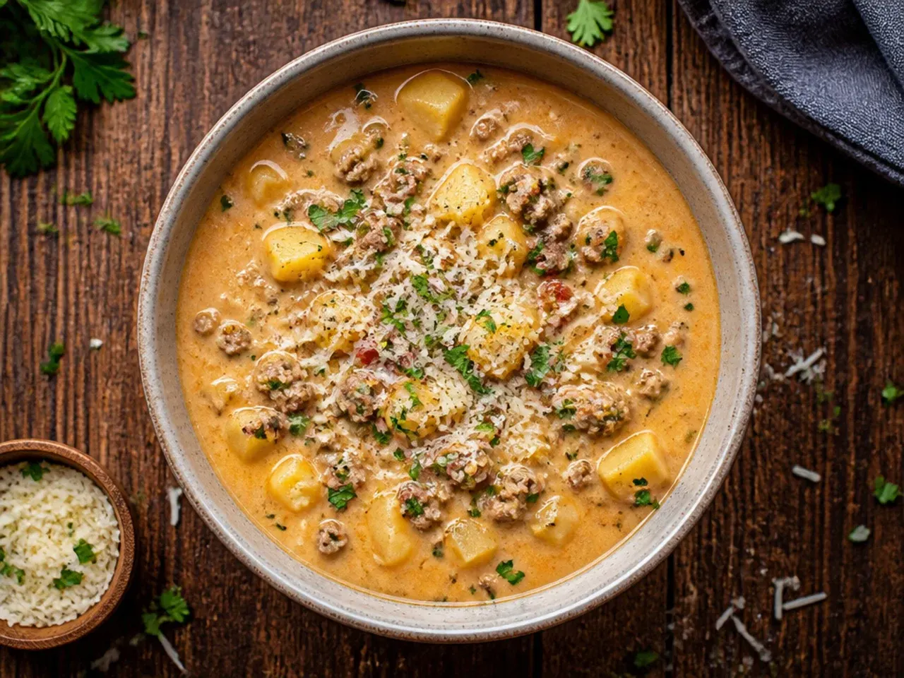 A simple, budget-friendly cheeseburger soup made with pantry staples and frozen hash browns.