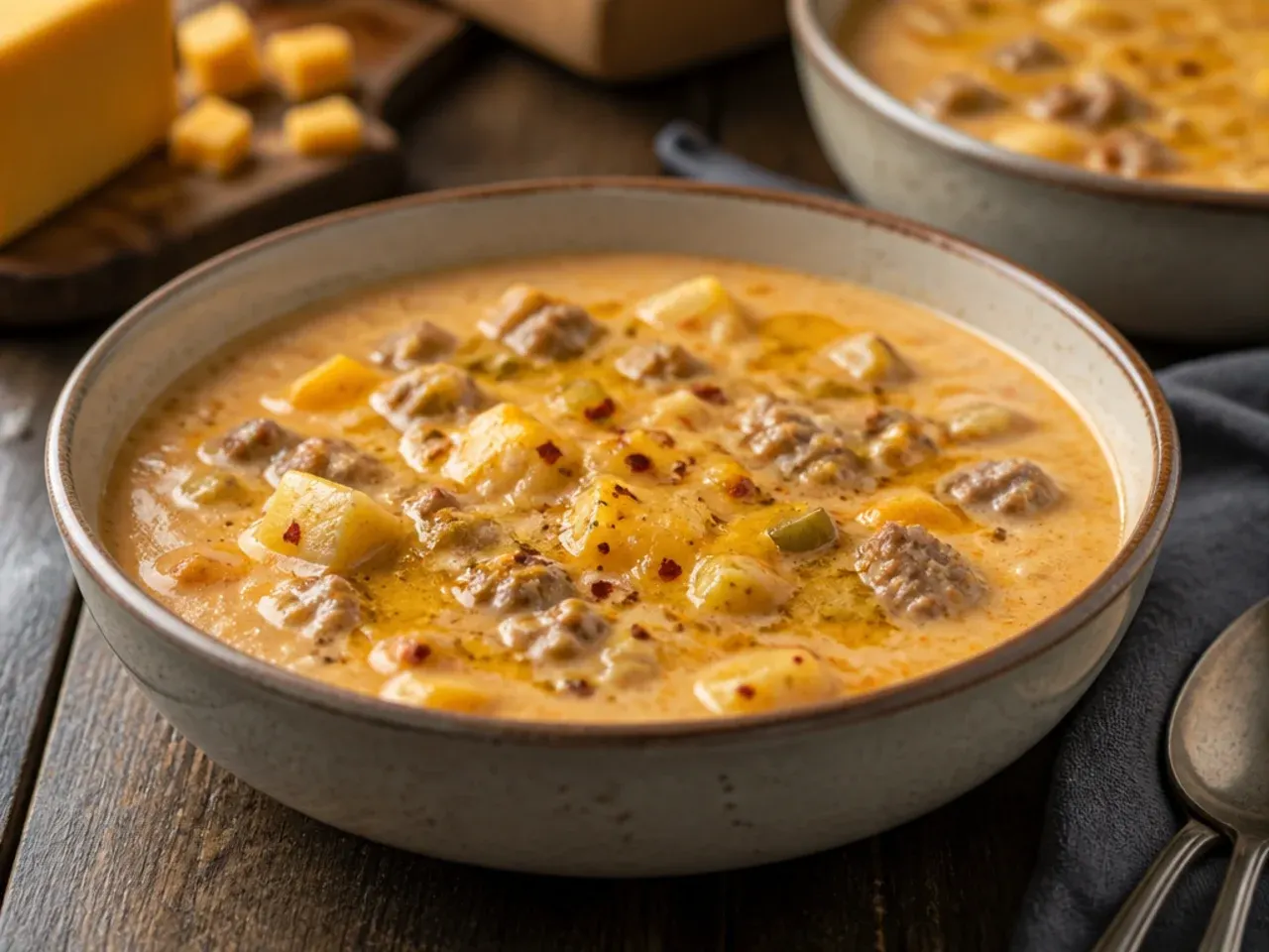 A fast weeknight cheeseburger soup ready in thirty minutes, served in a simple white bowl.