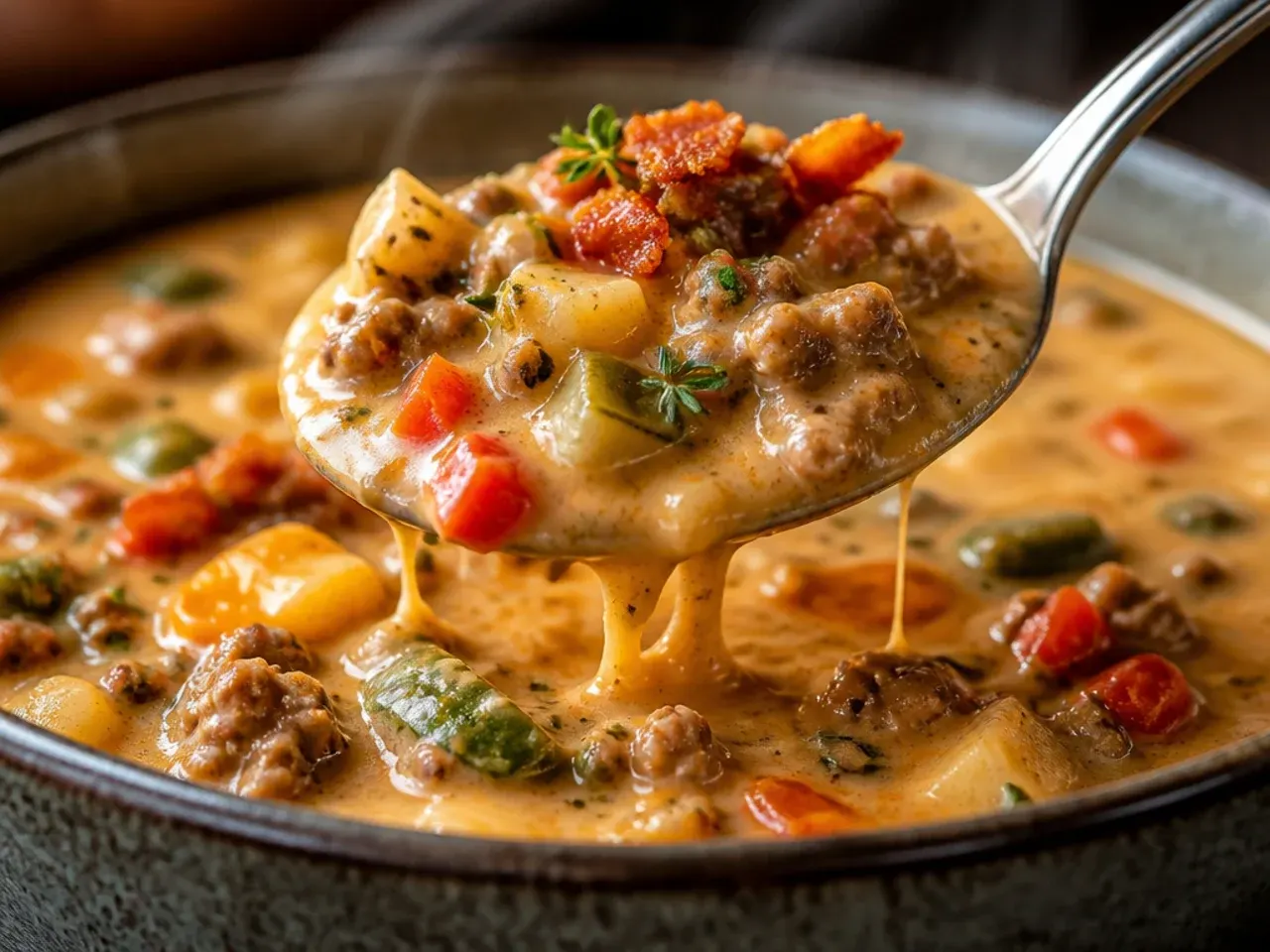 A rustic vegetable cheeseburger soup with sweetcorn and red pepper stirred through.