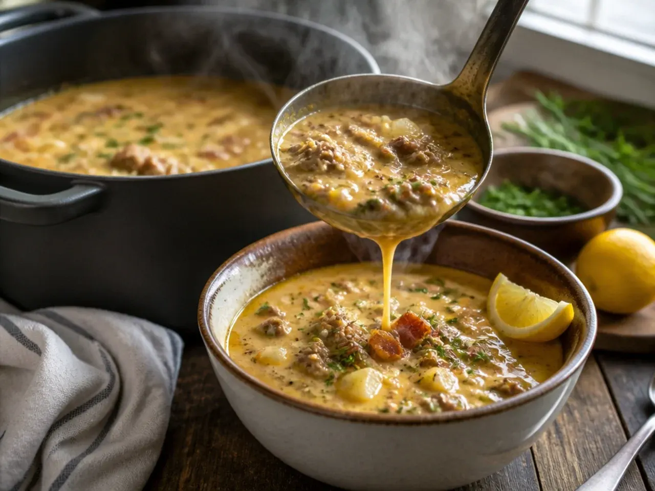 A bowl of dill pickle cheeseburger soup topped with extra chopped pickles.