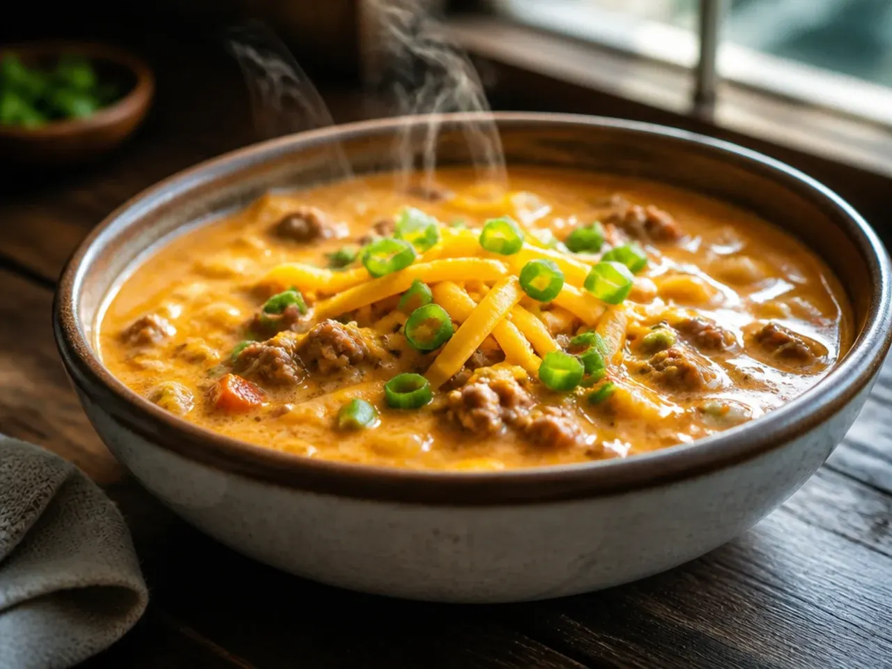 A large stockpot of family-size cheeseburger soup with Velveeta, enough for a crowd.