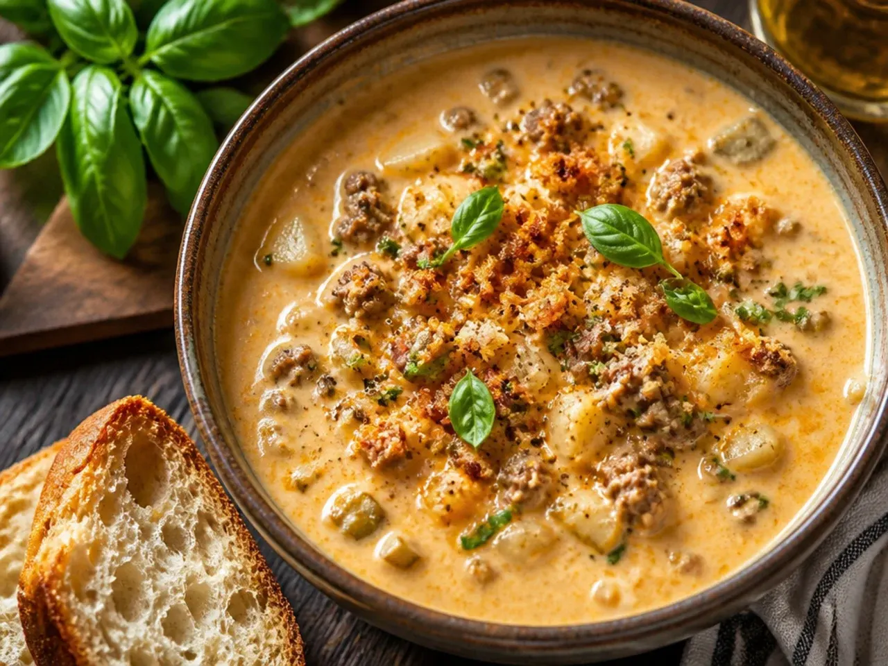 A prize-worthy bowl of best-ever cheeseburger soup with a deep golden, glossy finish.