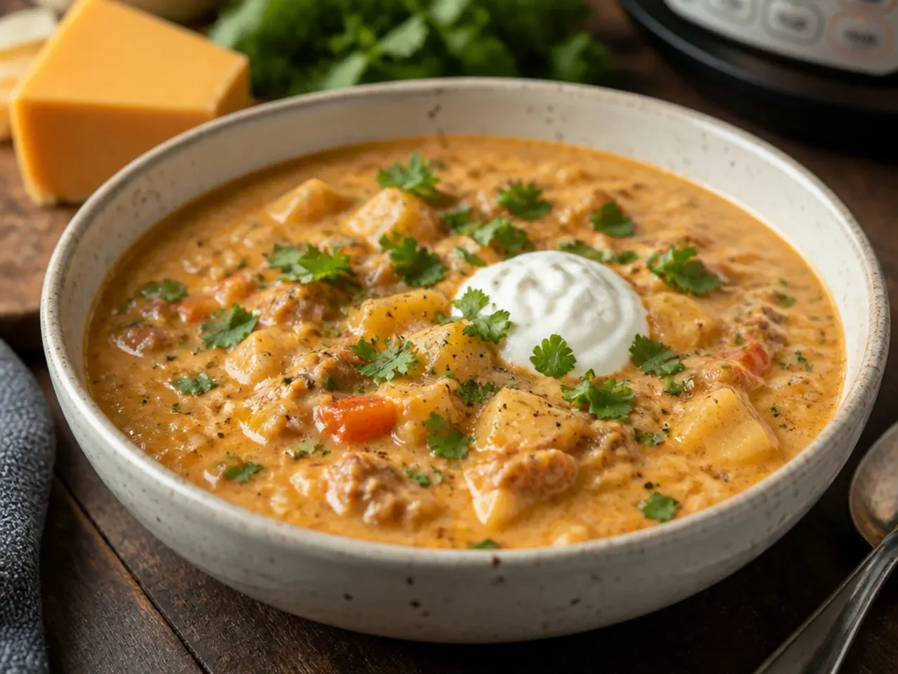 An electric pressure cooker open to reveal finished cheeseburger soup with Velveeta inside.