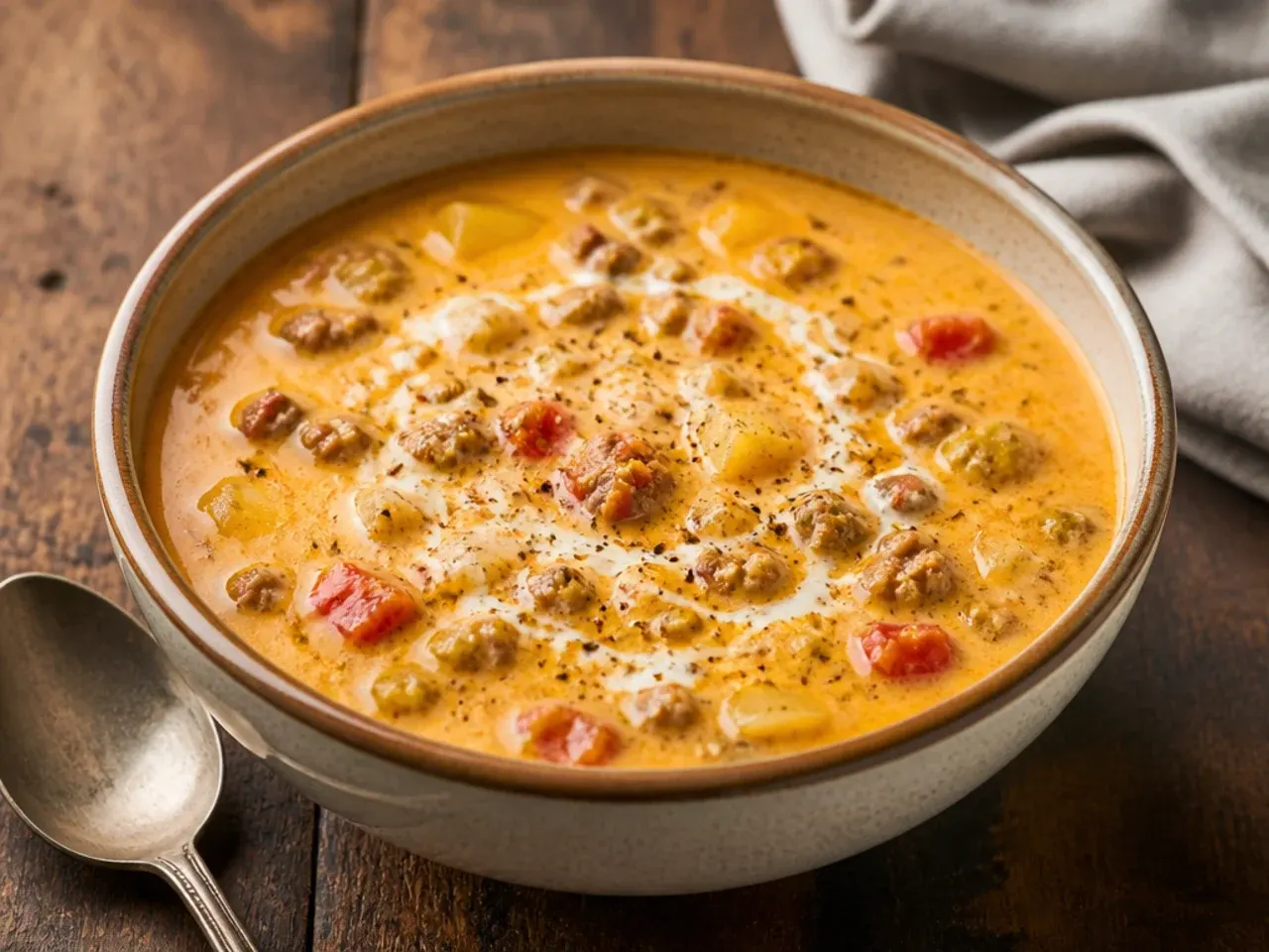 A Tex-Mex style cheeseburger soup topped with tortilla chips, jalapeño and lime.