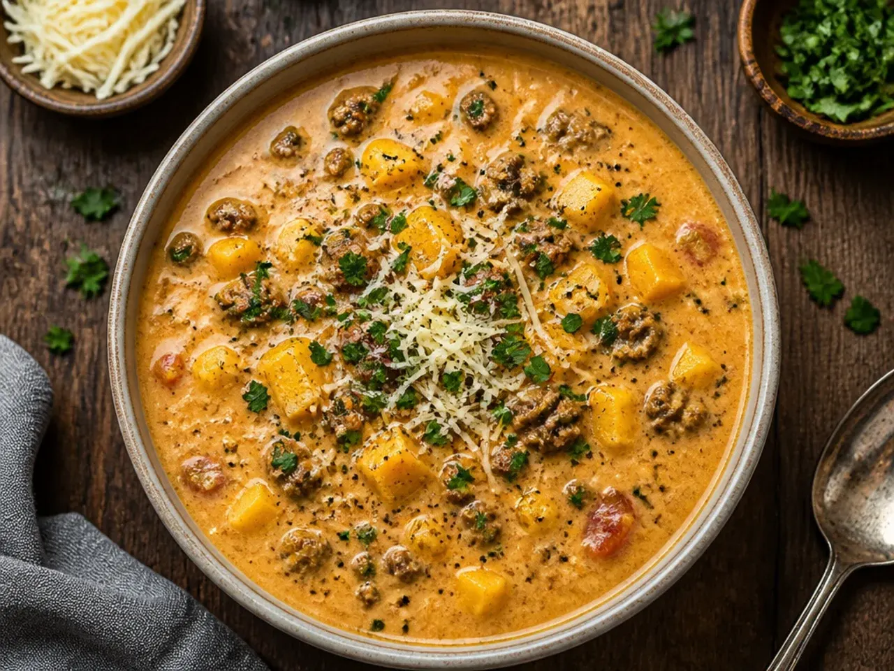A smoky chipotle cheeseburger soup with a reddish hue, topped with soured cream.