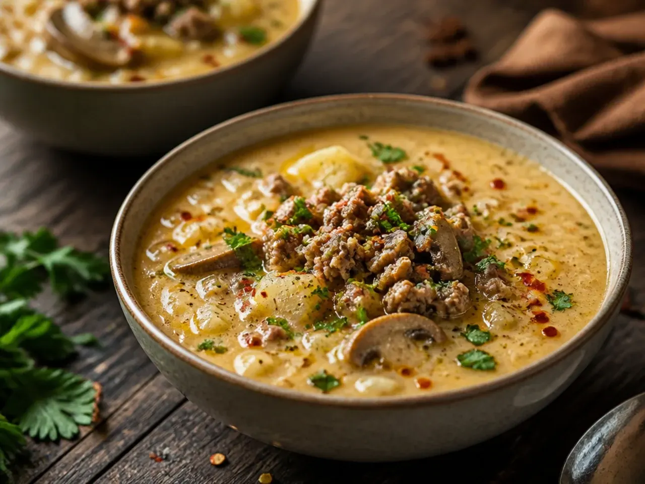 A mushroom Swiss cheeseburger soup with sautéed mushrooms scattered on top.