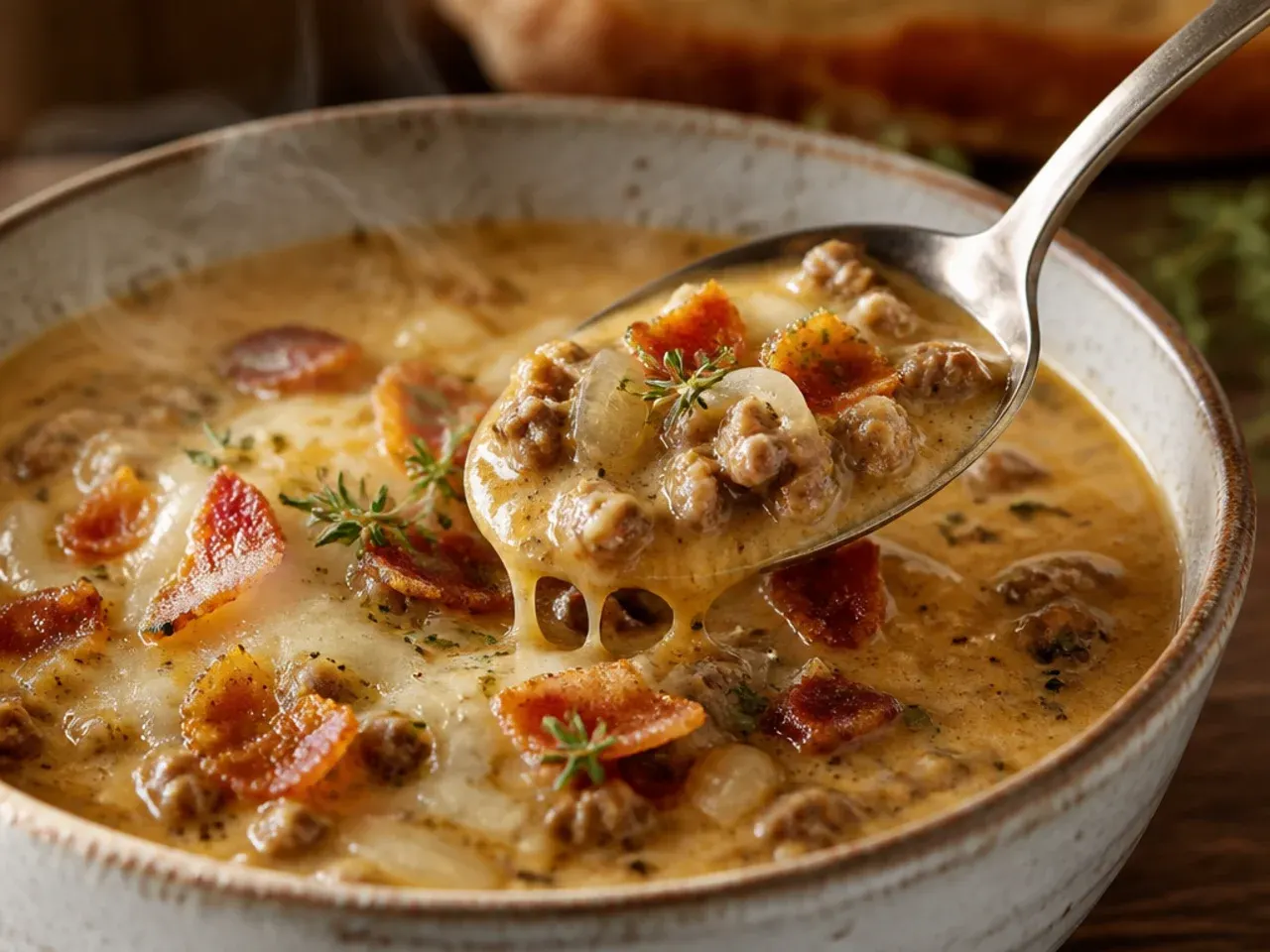 A French onion cheeseburger soup finished under the grill with toasted bread and melted cheese.