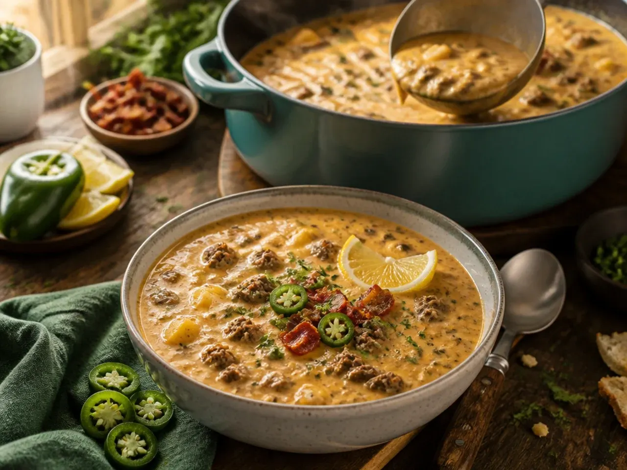 A jalapeño popper cheeseburger soup topped with crispy panko and sliced jalapeño.