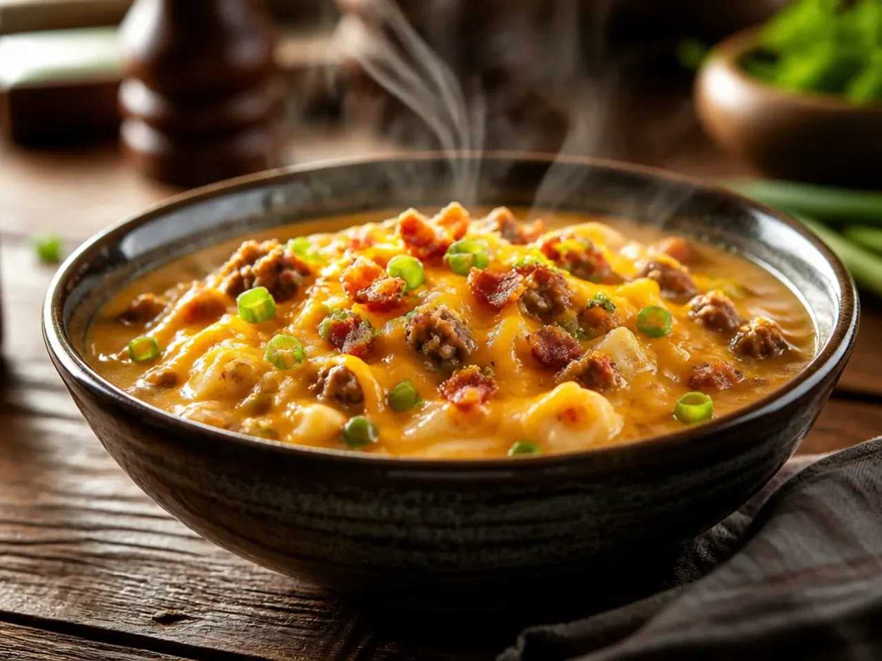 A BBQ bacon cheeseburger soup drizzled with barbecue sauce and topped with bacon.