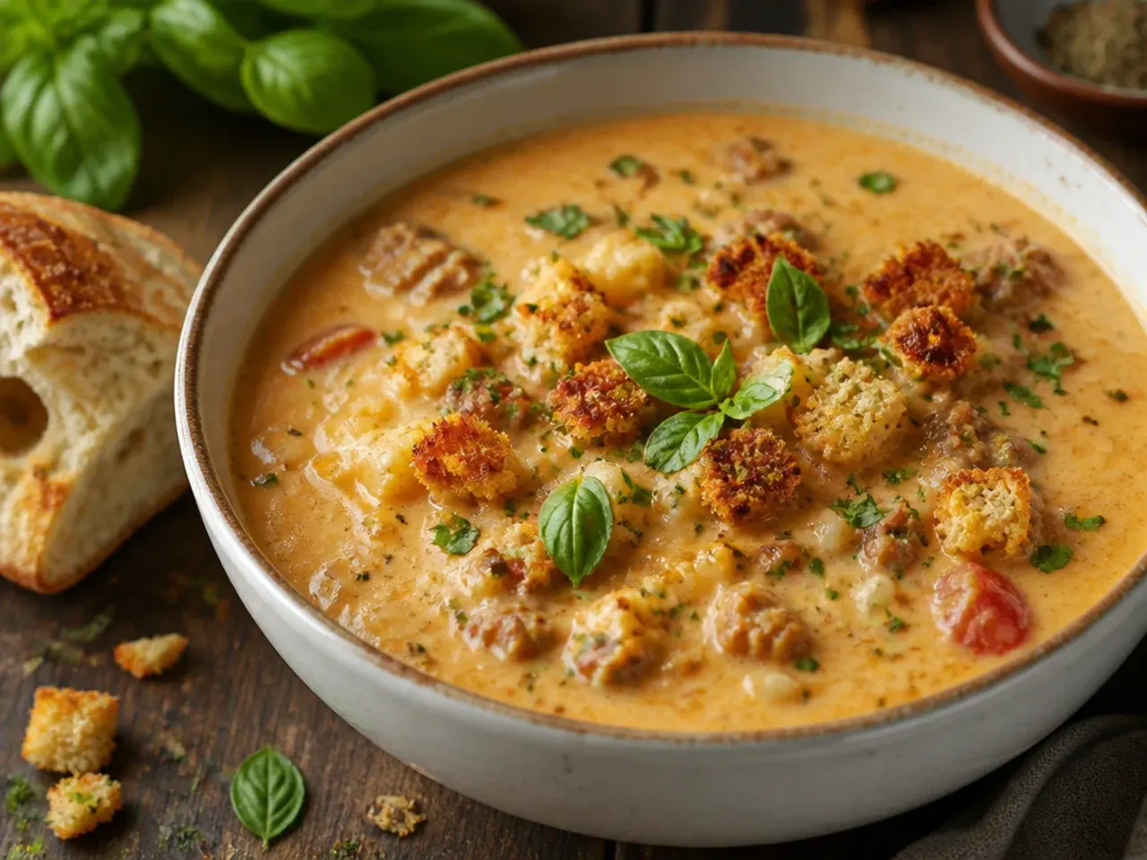 A low-carb cheeseburger soup made with cauliflower florets instead of potatoes.