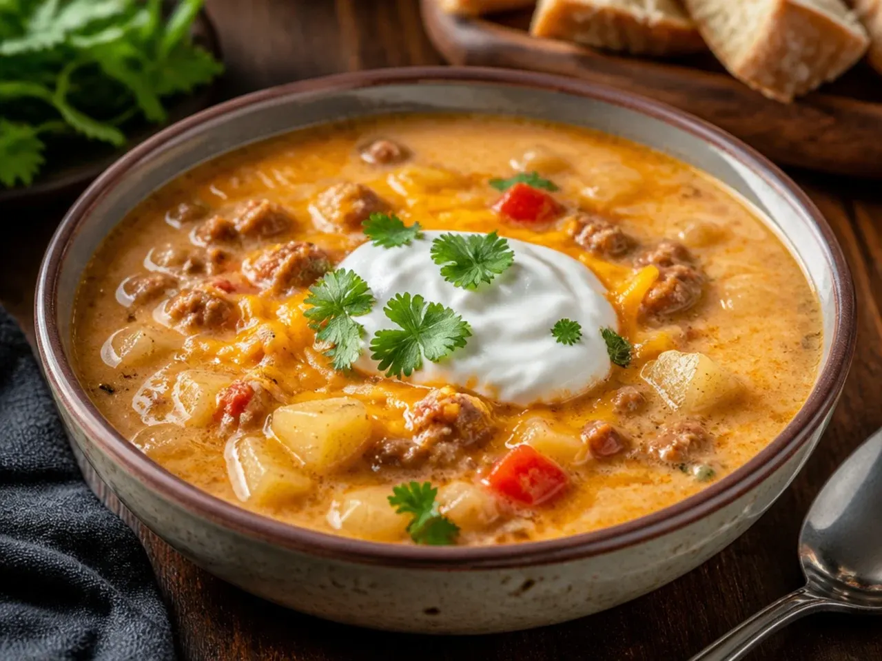 A gluten-free cheeseburger soup with Velveeta served with gluten-free bread on the side.