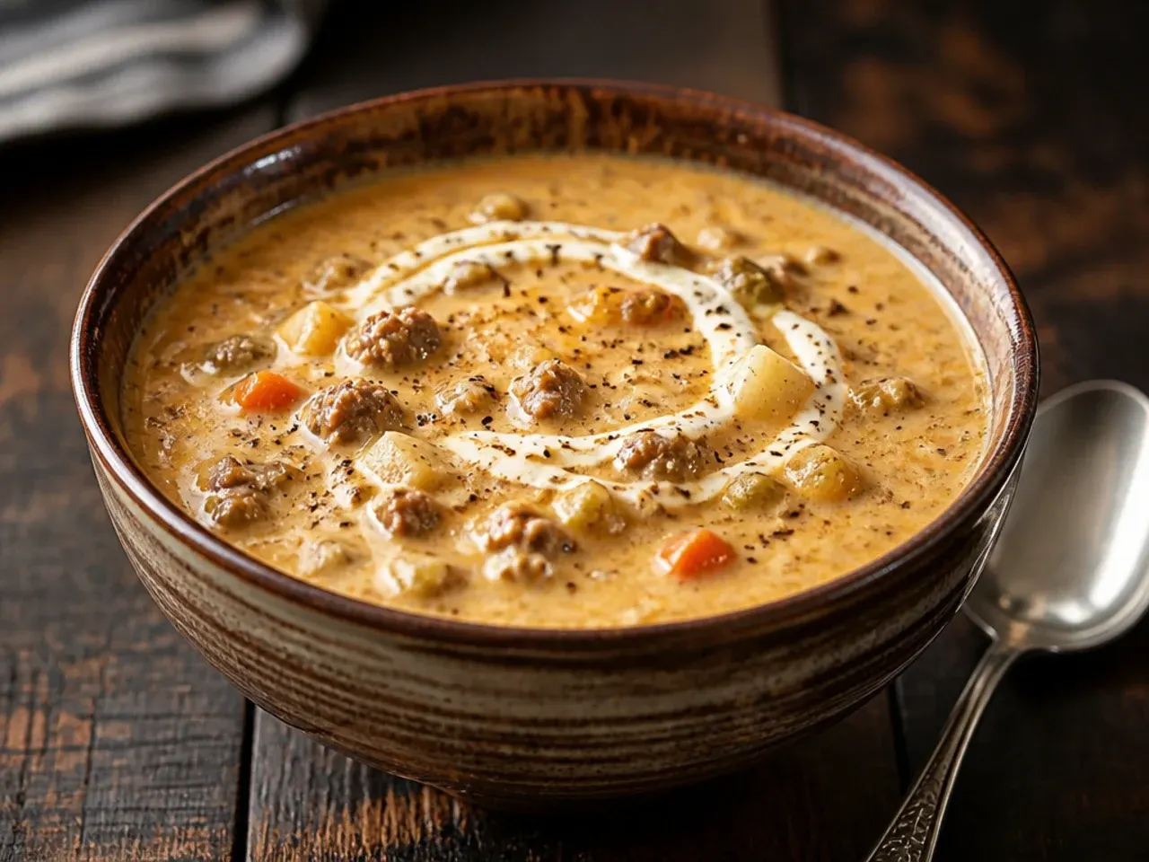A lighter cheeseburger soup made with ground turkey instead of beef.