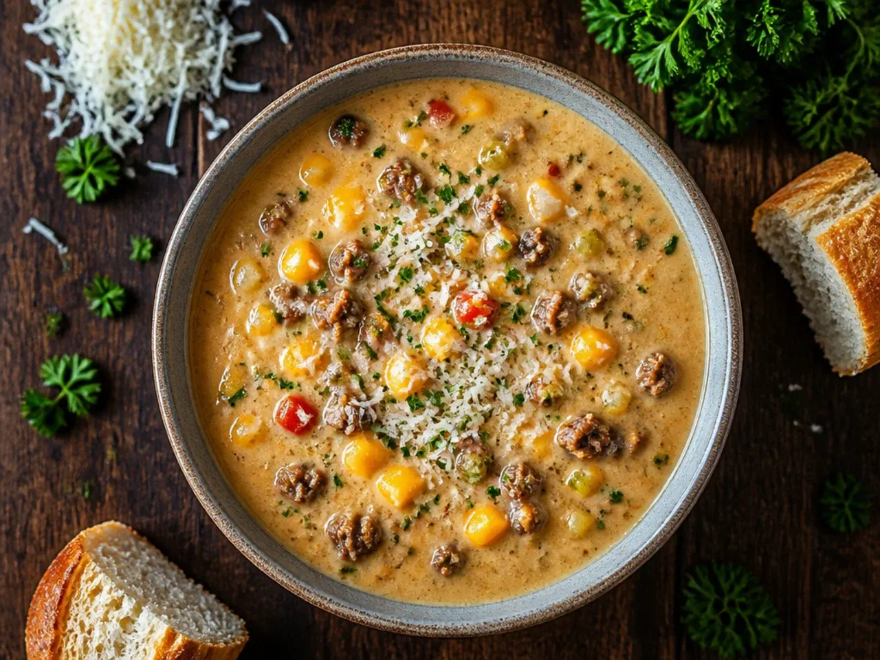 Portions of freezer-friendly cheeseburger soup base packed into labelled containers.