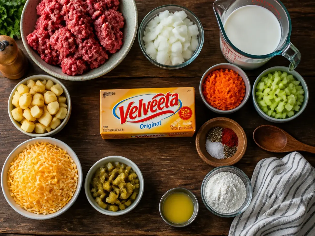 Cubed Velveeta cheese on a chopping board next to a pot of simmering cheeseburger soup.