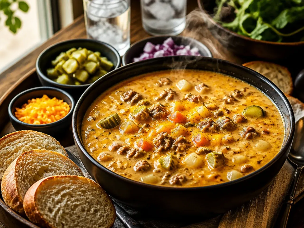 A table set with bowls of cheeseburger soup, garlic toast and a fresh green salad.