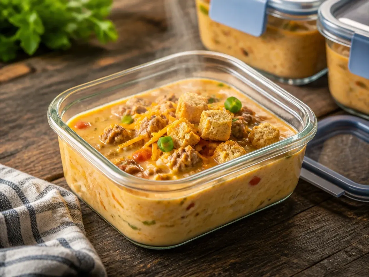 A container of leftover cheeseburger soup with Velveeta being reheated in a saucepan.
