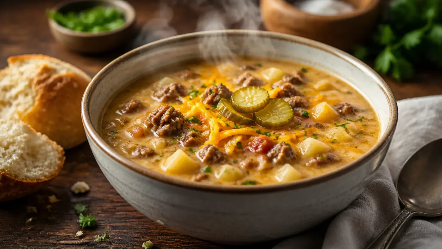 Overhead view of a pot of creamy cheeseburger soup with ground beef, potatoes and melted cheddar, topped with bacon and chives