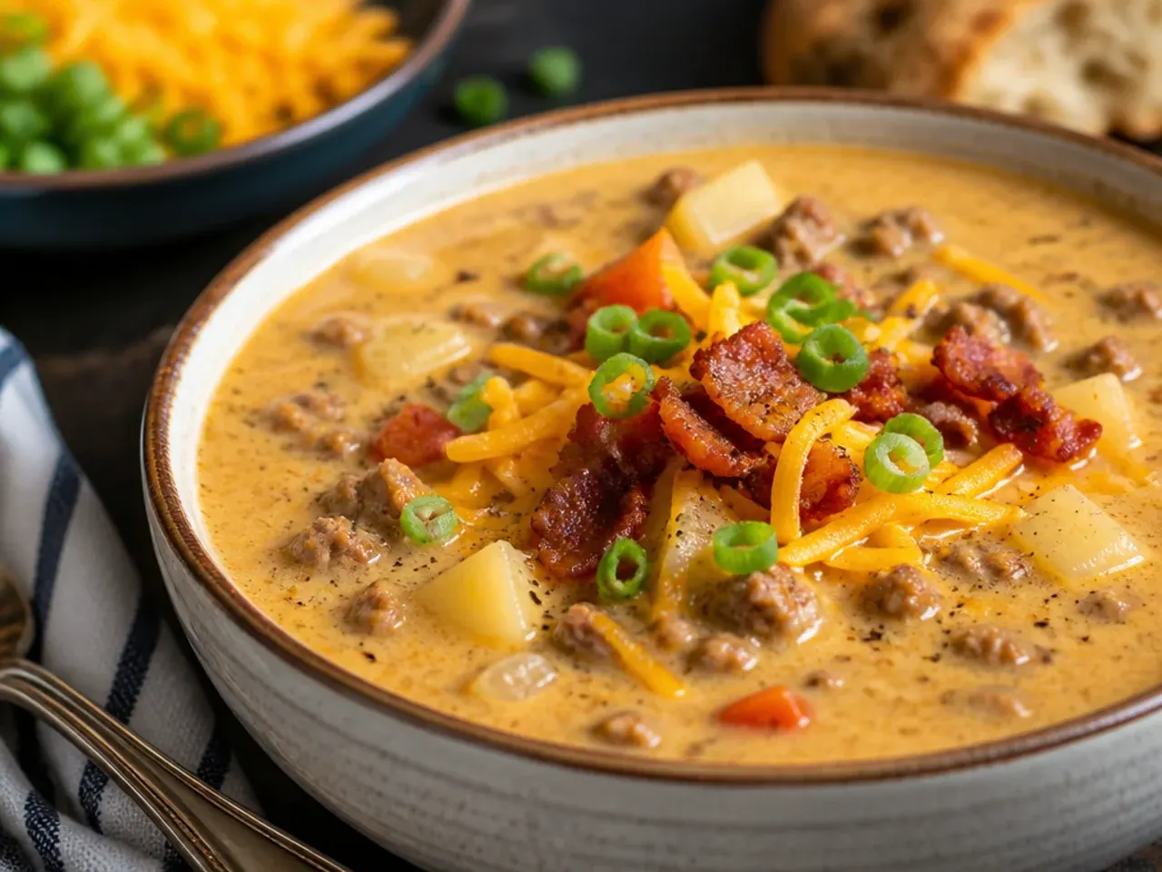 Bowl of creamy cheeseburger soup topped with shredded cheddar, bacon bits and chopped chives