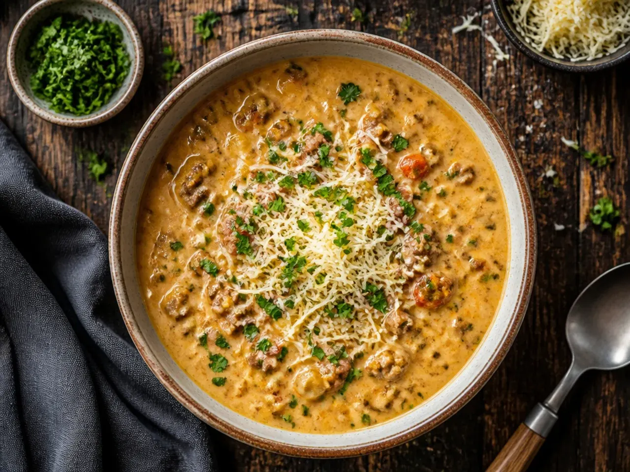 Pot of classic cheeseburger soup with beef, potatoes and melted cheese