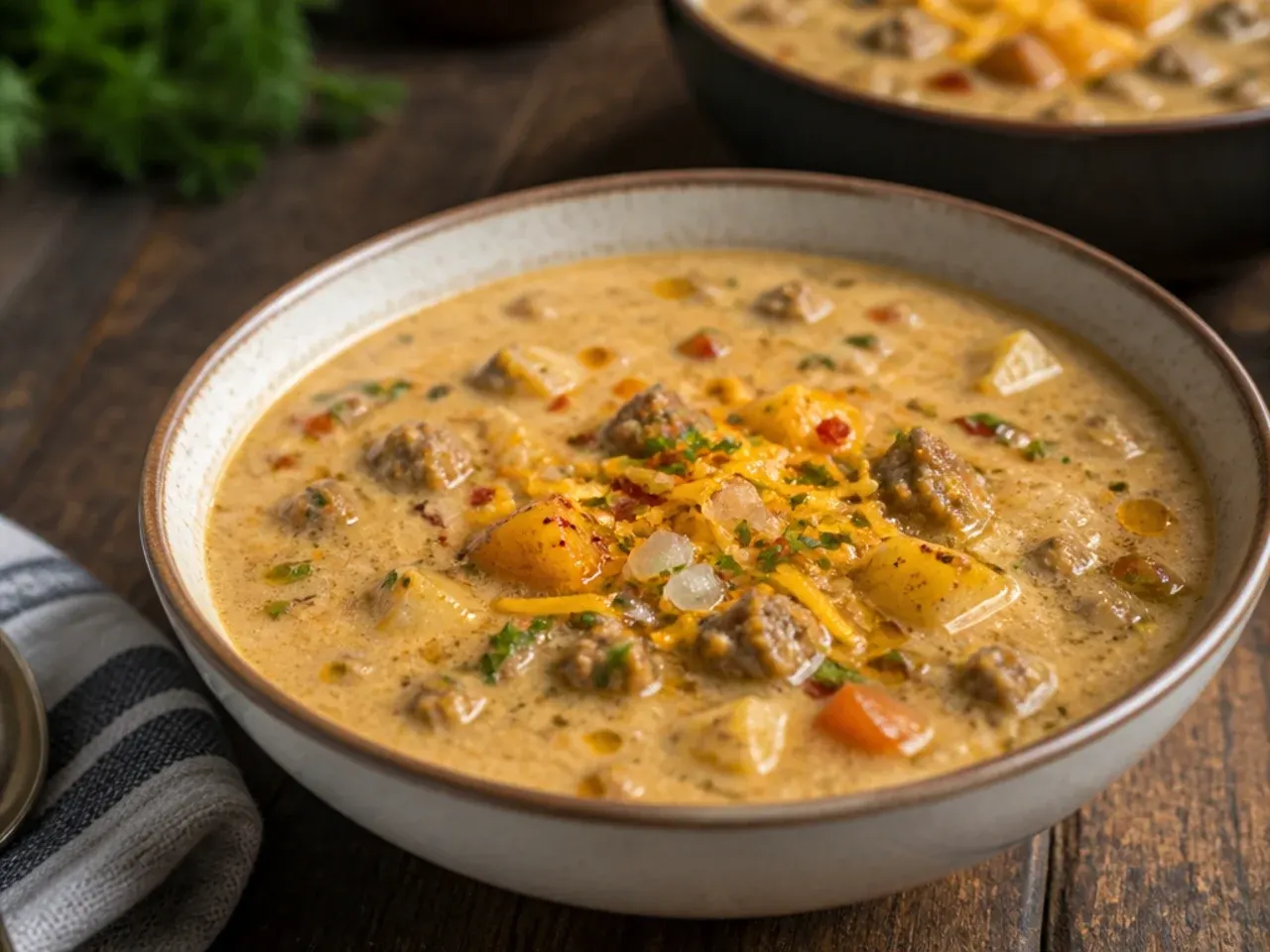 Quick weeknight cheeseburger soup made with frozen hash browns in a saucepan