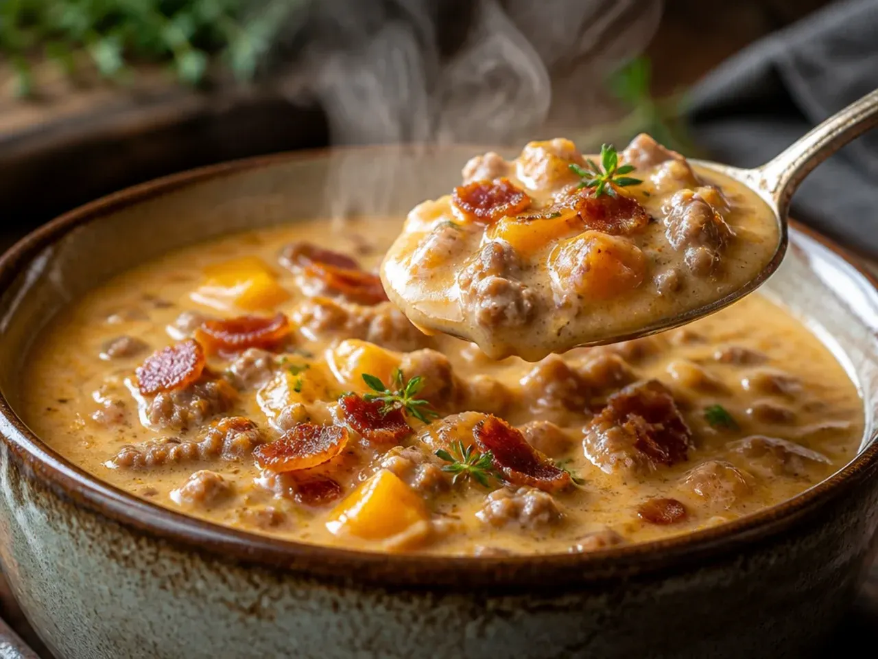 Hearty bacon cheeseburger soup topped with crispy bacon crumbles
