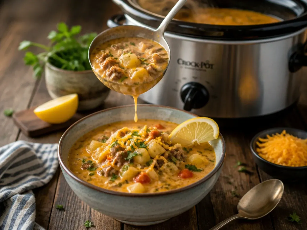 Slow cooker filled with cheeseburger soup on a kitchen counter