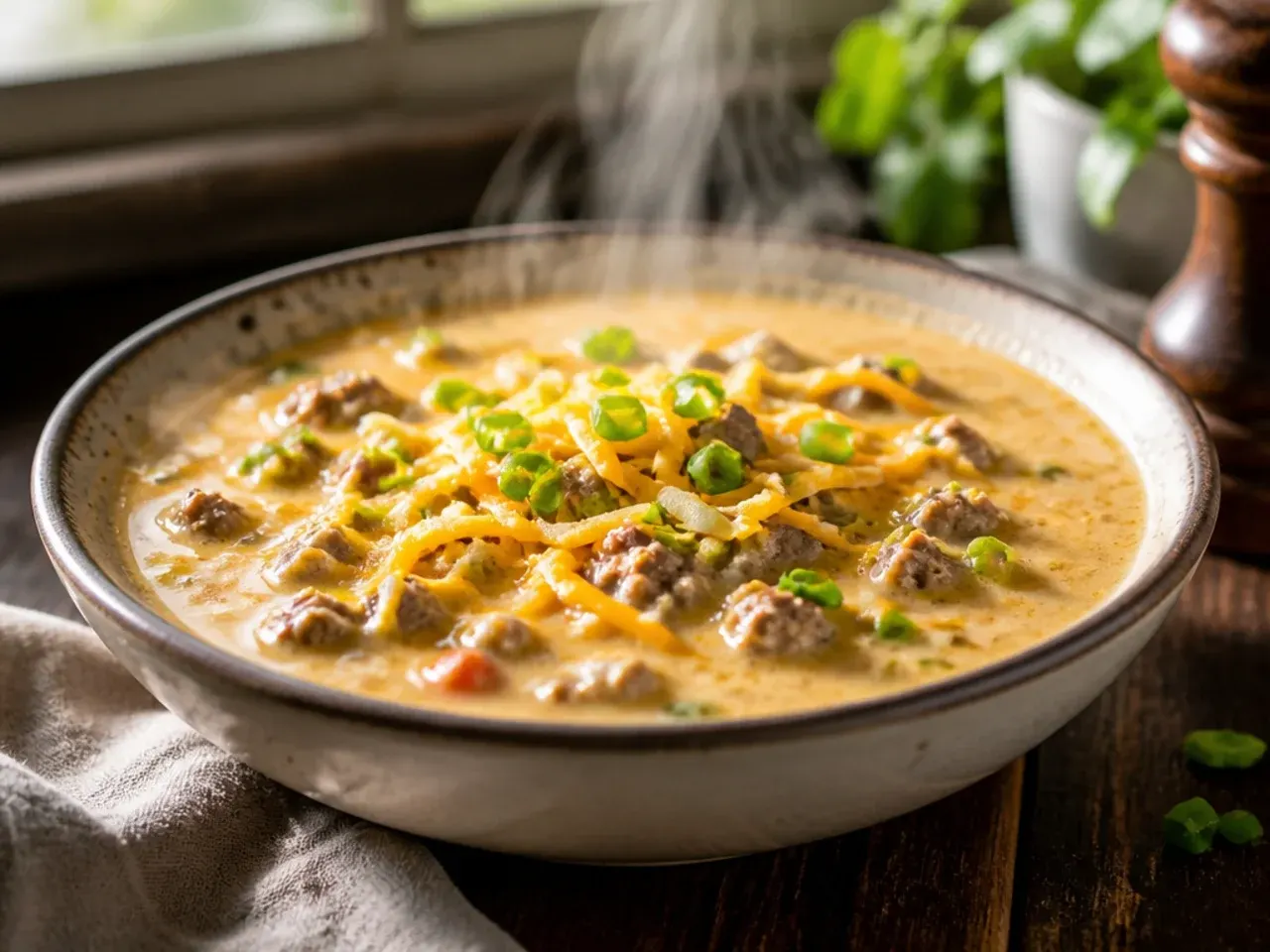 Ladle lifting extra creamy Velveeta cheeseburger soup from the pot