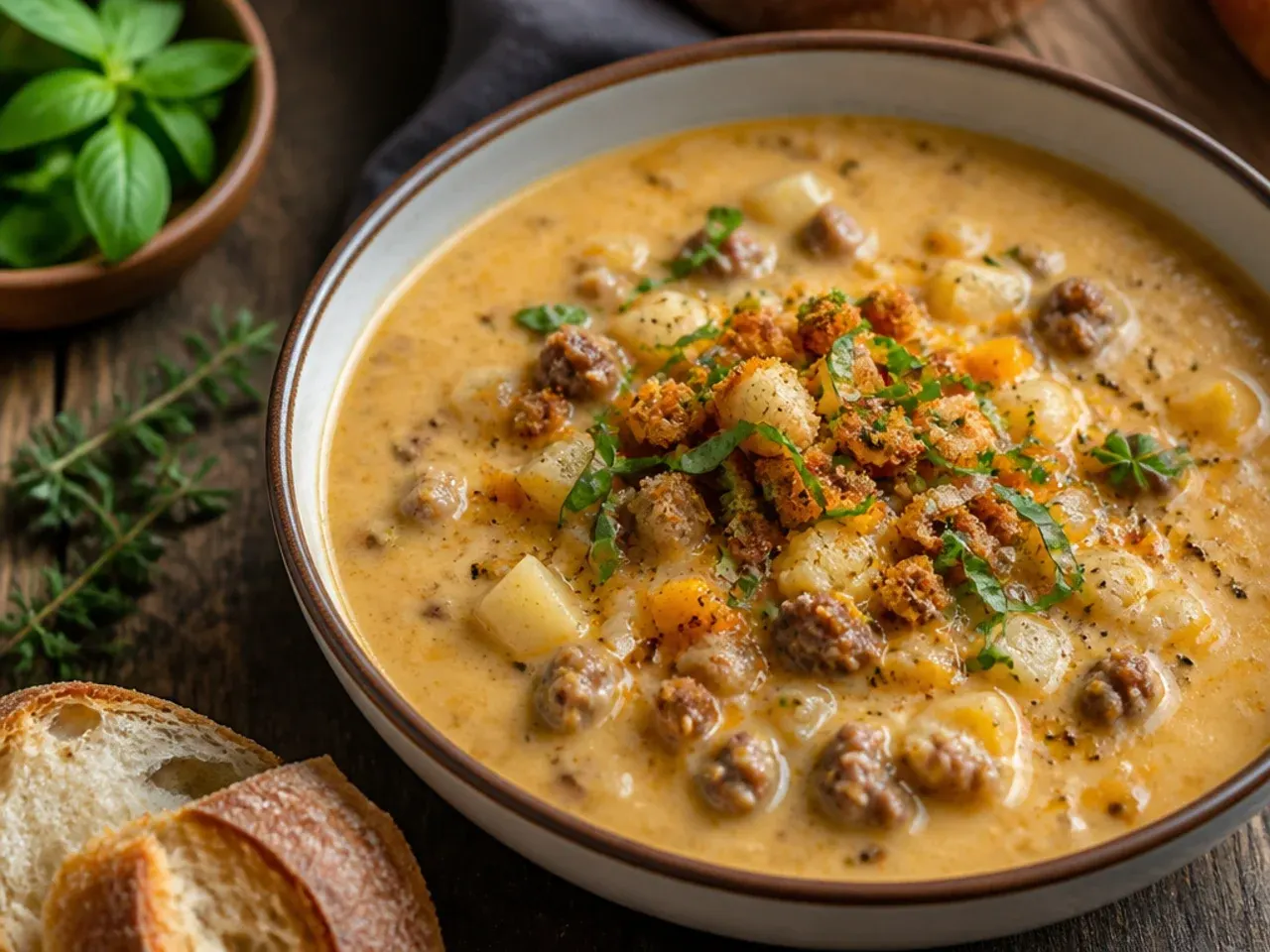 Simple five-ingredient cheeseburger soup in a white bowl