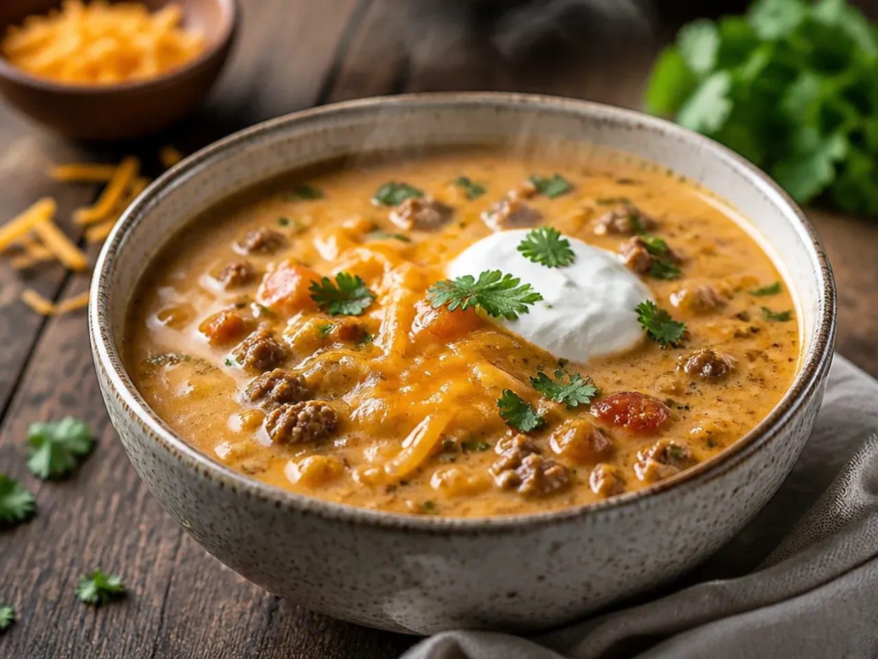 Overhead shot of extra cheesy cheeseburger soup with two types of melted cheddar
