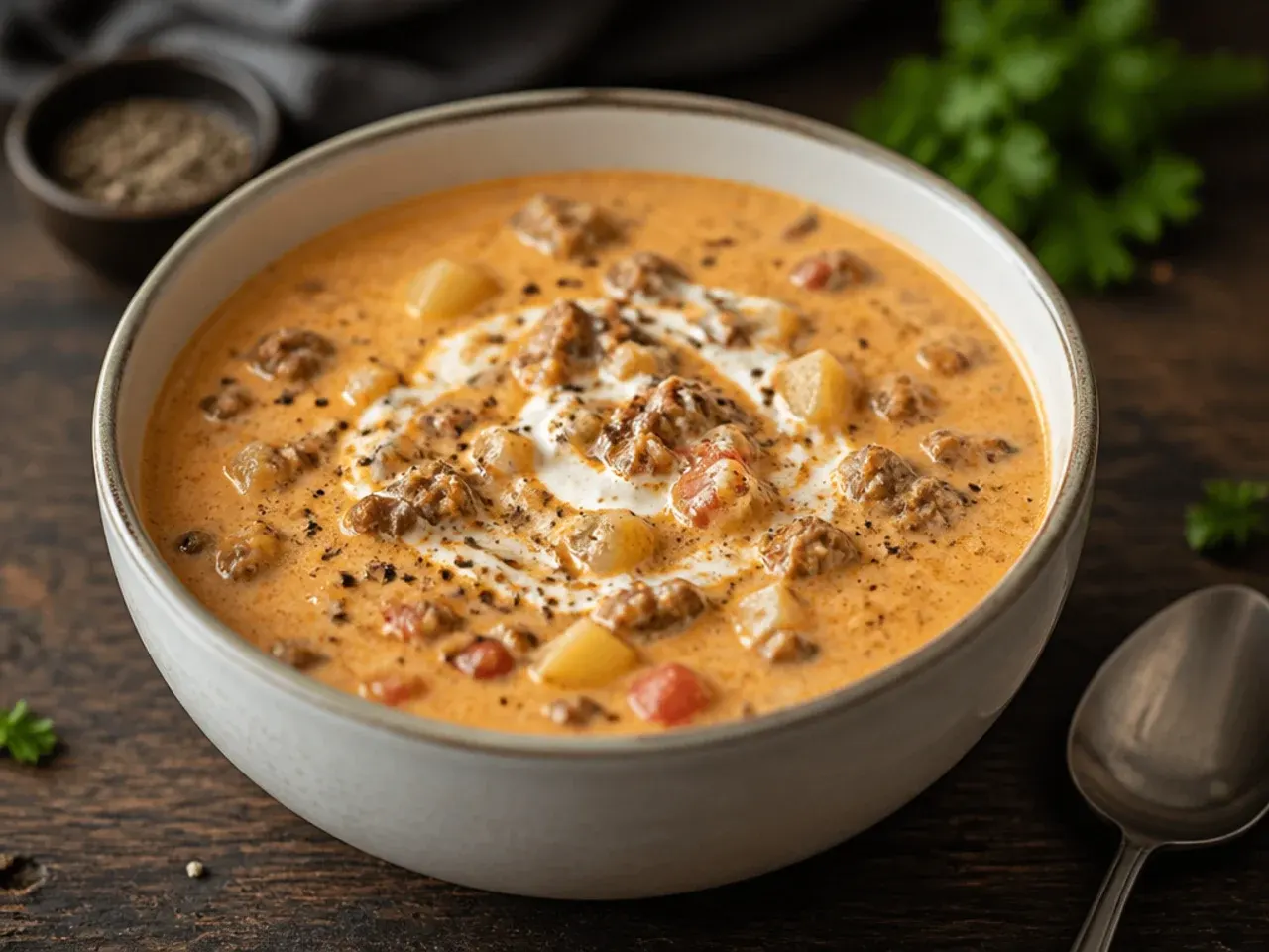 Instant Pot electric pressure cooker with cheeseburger soup being stirred