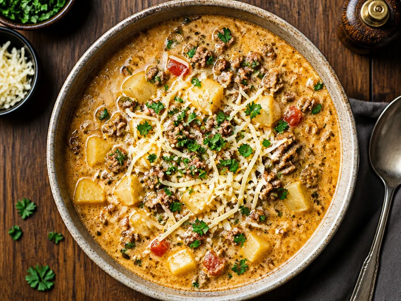 Budget-friendly cheeseburger soup made with pantry staples