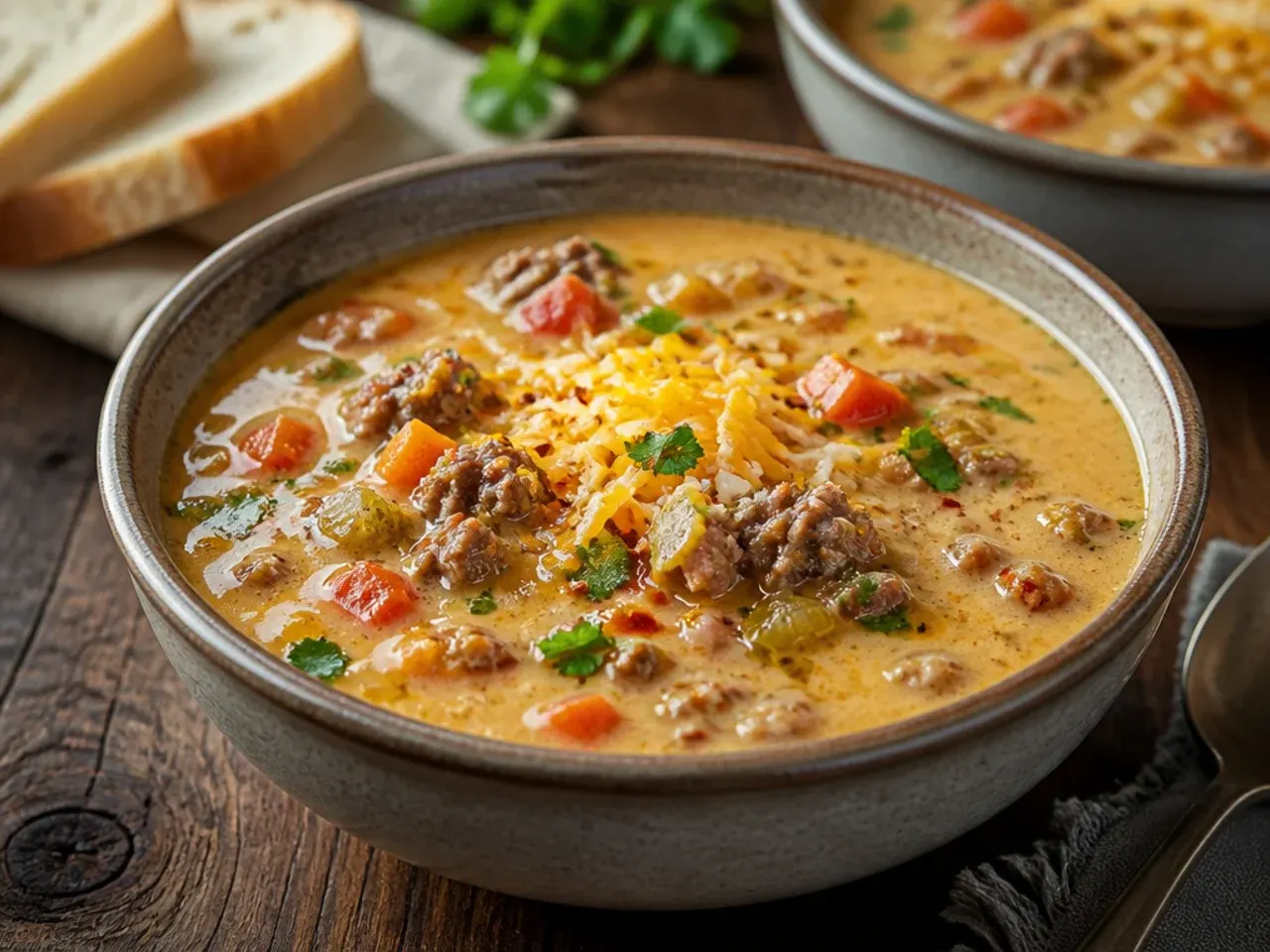 Bowl of lightened-up turkey cheeseburger soup with fresh herbs