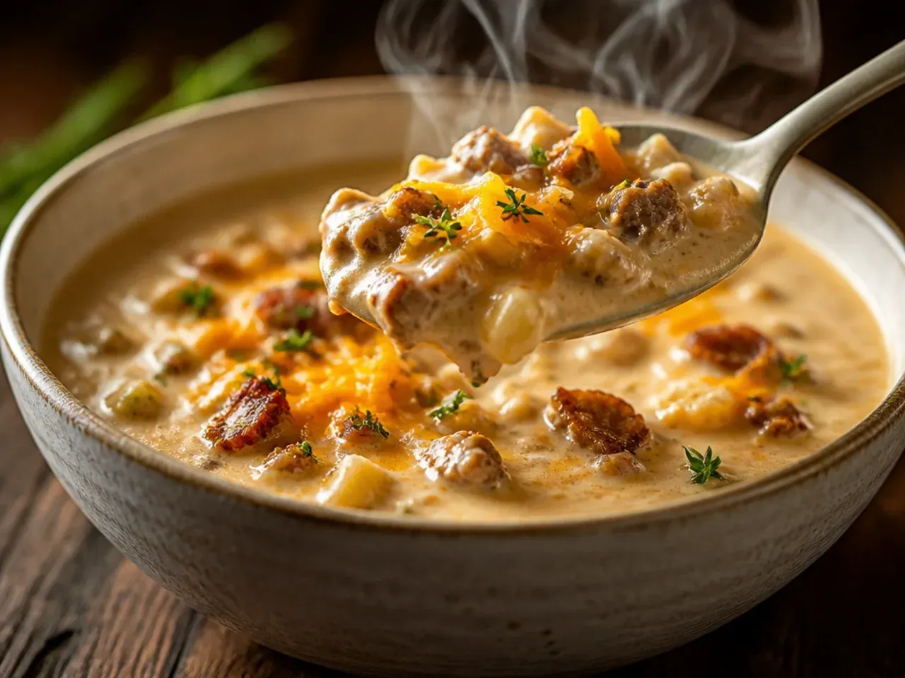 Rustic chunky cheeseburger soup served in a farmhouse-style bowl with bread