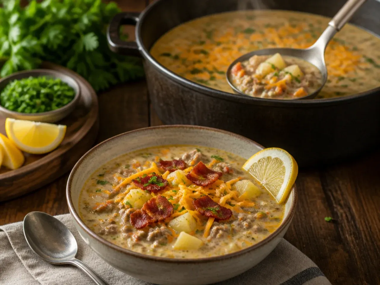 Loaded cheeseburger soup topped with bacon, cheese, sour cream and spring onions