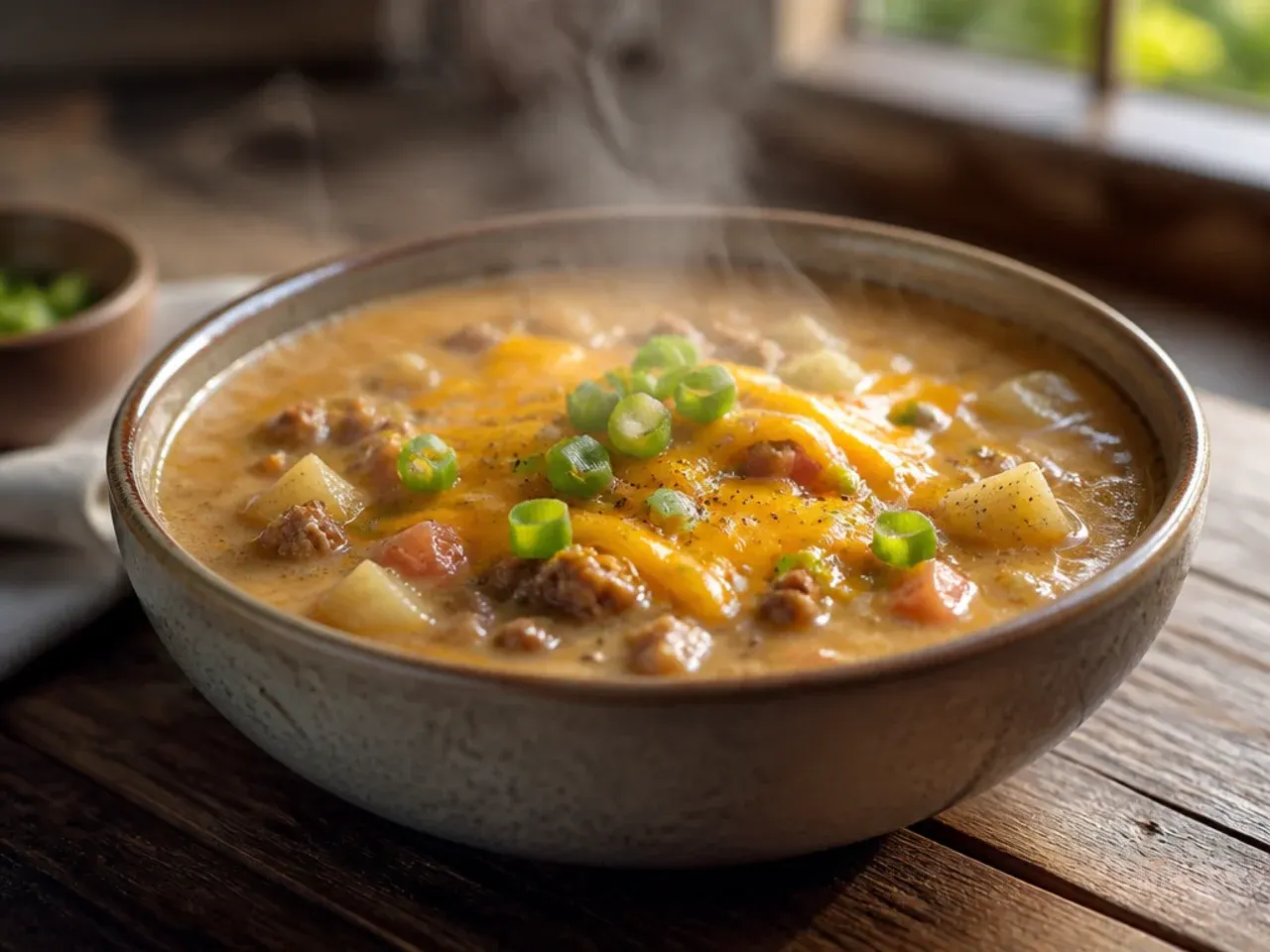 Family-style mild cheeseburger soup served in bowls for a family dinner