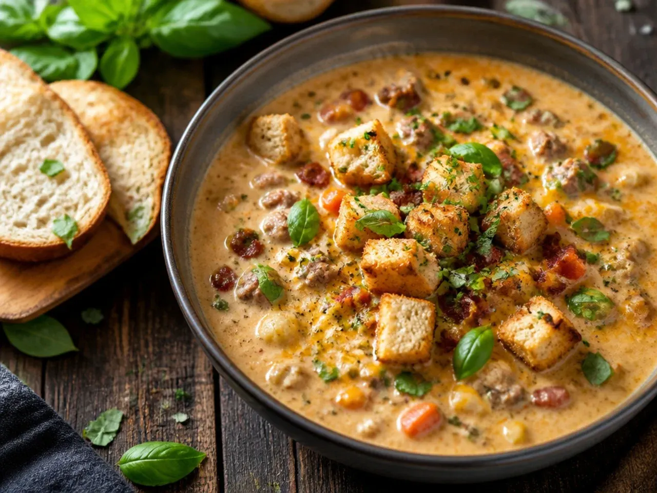Top-rated best-ever cheeseburger soup garnished with cheese and bacon