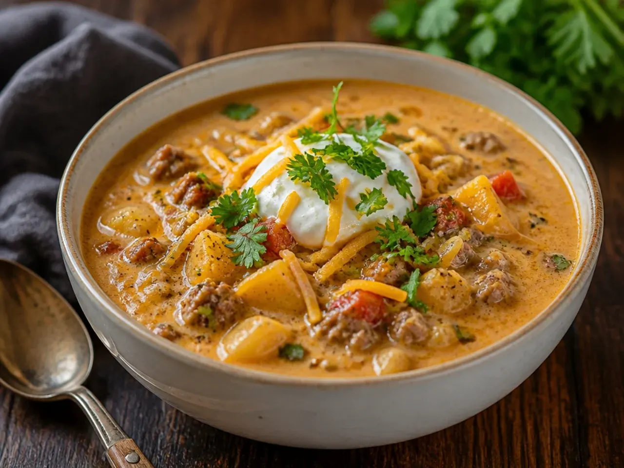 One-pot cheeseburger soup simmering in a Dutch oven on the stovetop