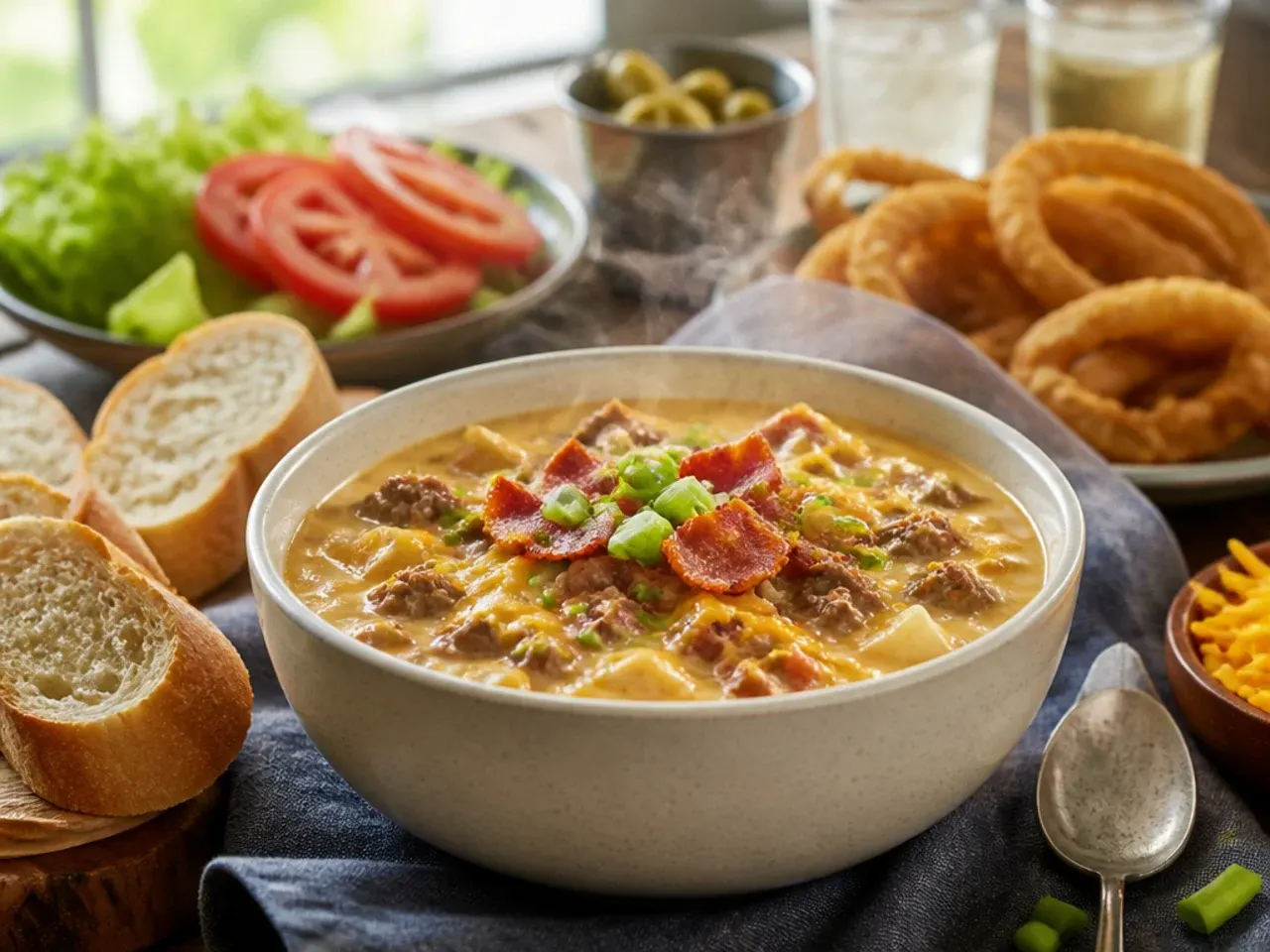Cheeseburger soup served with toasted bread and burger-style toppings on the side