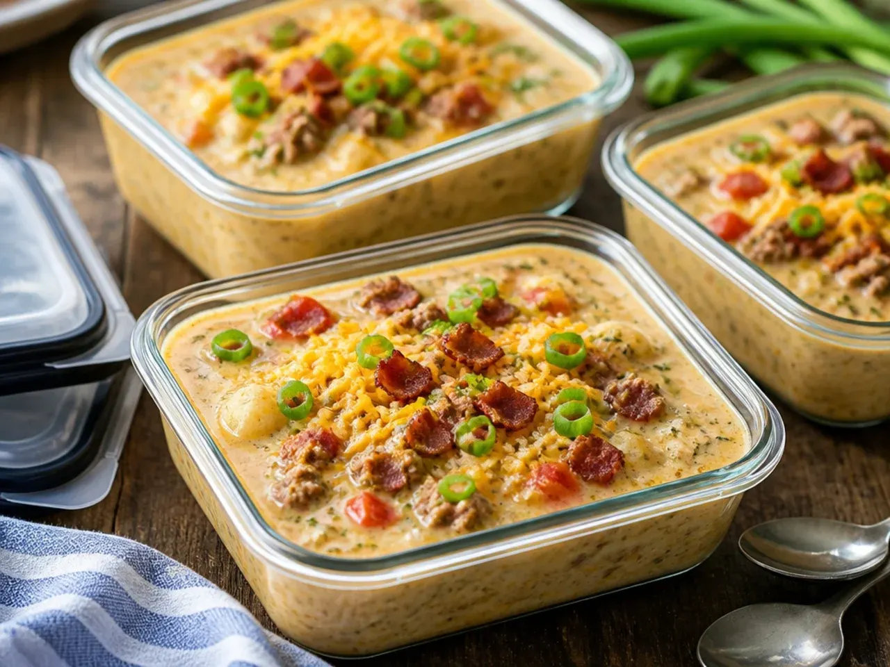 Airtight container of leftover cheeseburger soup ready for the fridge