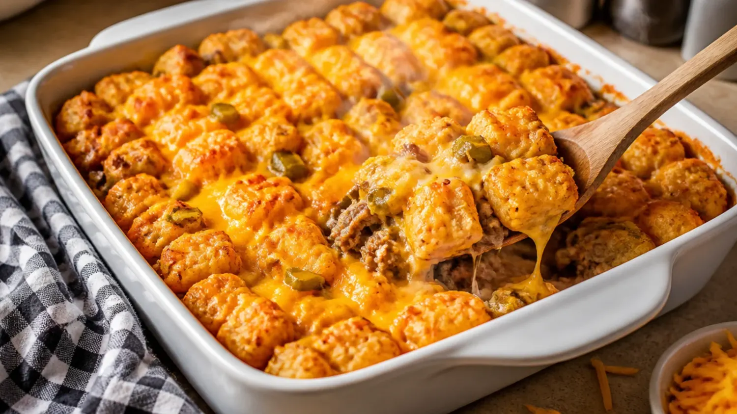 Overhead shot of a bubbling cheeseburger tater tot casserole in a white baking dish, golden crispy tots on top with melted cheddar and crumbled bacon, a serving spoon lifting a cheesy portion