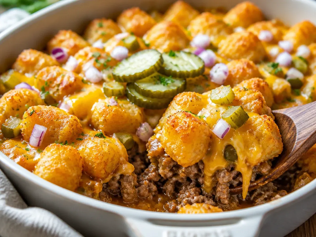 Overhead view of a freshly baked cheeseburger tater tot casserole surrounded by small bowls of shredded cheese, diced onion and tater tots