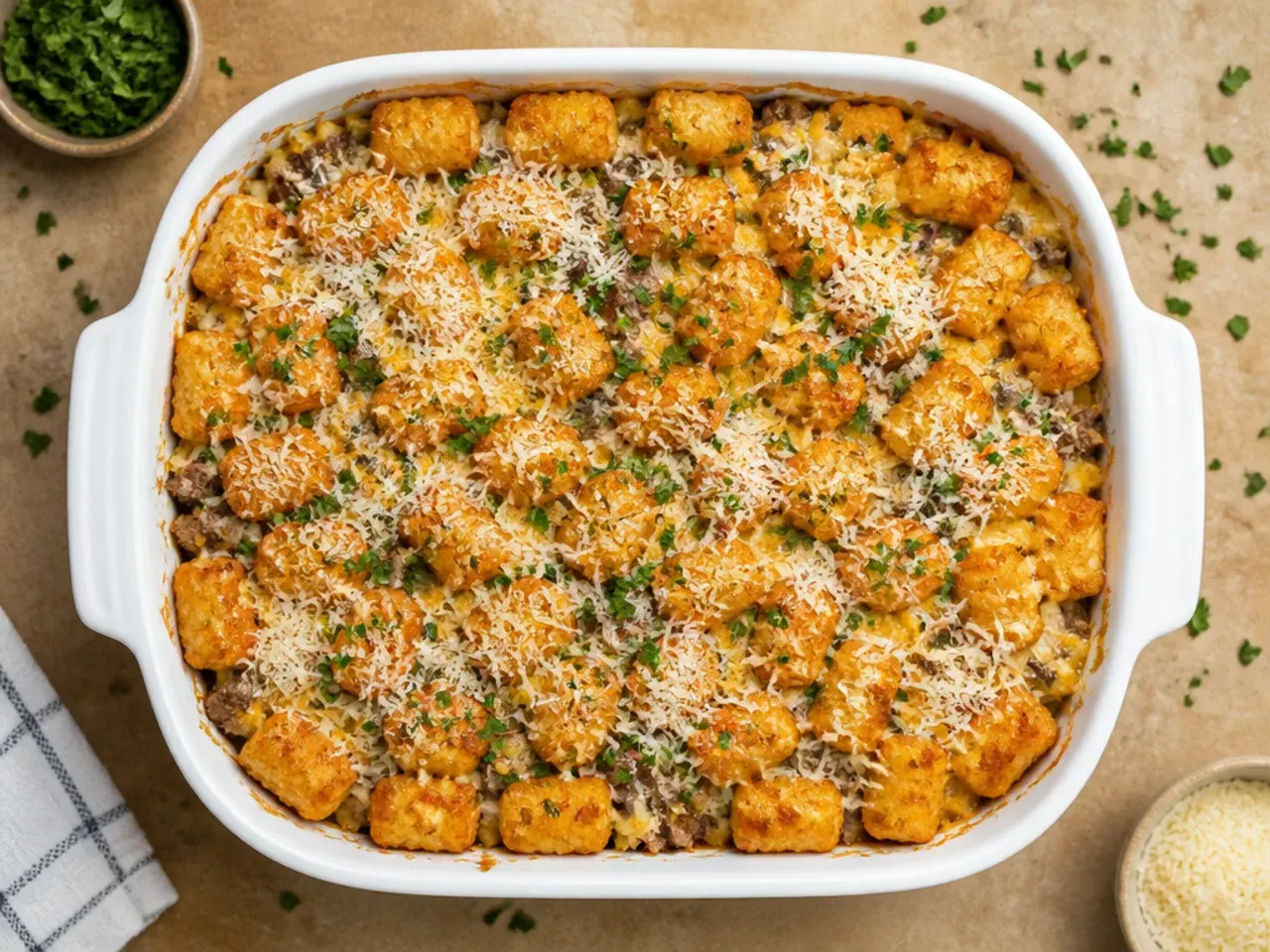 Close-up of classic cheeseburger tater tot casserole with a golden crispy top and melted cheese pull