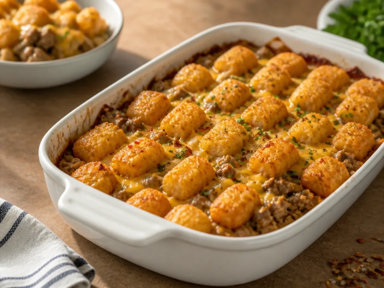 Simple five-ingredient cheeseburger tater tot casserole in a baking dish with minimal garnish